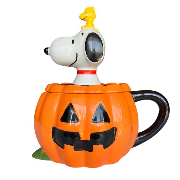 Peanuts Snoopy Woodstock Halloween Pumpkin Mug with Lid Topper - Picture 1 of 5